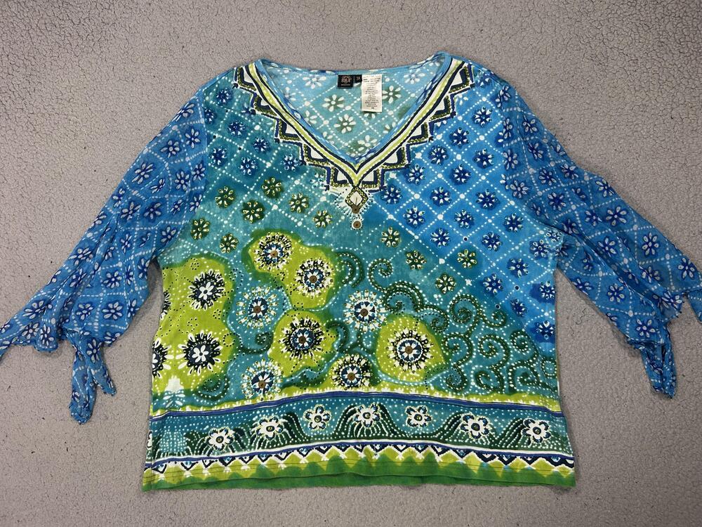 Bila Woman Tunic Top Womens 3X Multicolor Floral Sequin Boho Peasant Bell Sleeve